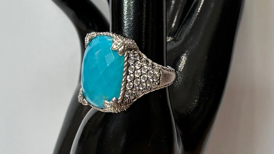 Judtih Ripka Silver Crystals ring with Turquoise Gem-RING-Gazelle Fashion and Style