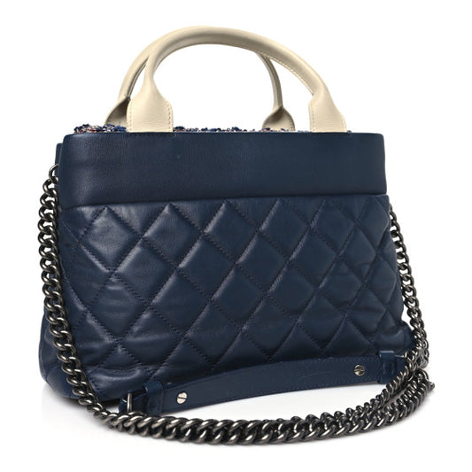 Chanel Calfskin Tweed Quilted Small Tote Navy Multicolor-Bags-Gazelle Fashion and Style