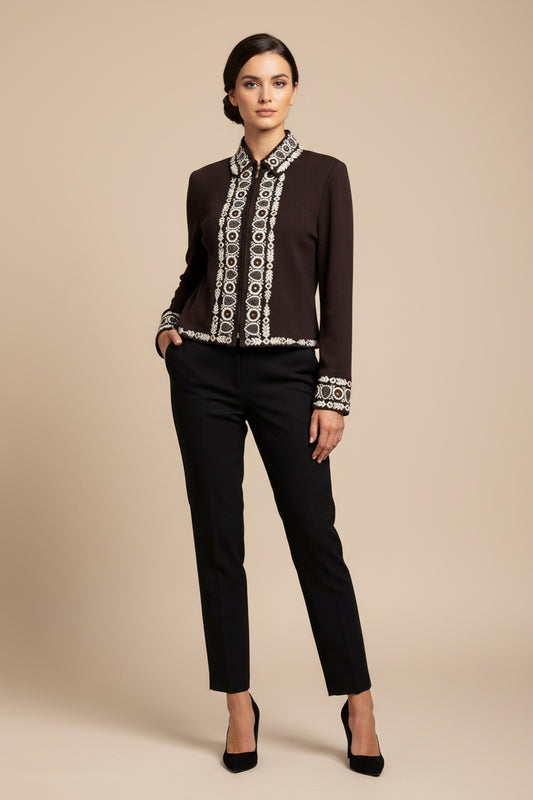 St. John Collection Embellished Zip-Up Cardigan-TOPS-6-brown-Excellent-Gazelle Fashion and Style