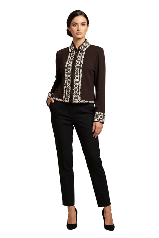 St. John Collection Embellished Zip-Up Cardigan-TOPS-6-brown-Excellent-Gazelle Fashion and Style