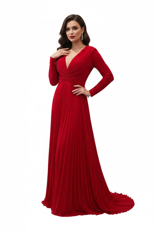 Badgley Mischka Red Pleated Georgette Dress