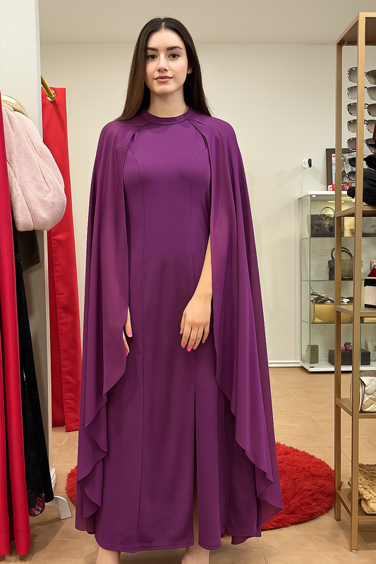 Elegant Purple Evening Dress with Flowing Sleeves-DRESS-Gazelle Fashion and Style