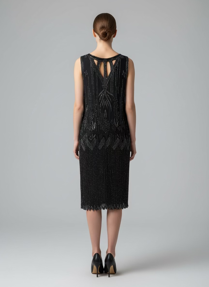 Art Deco-Style Black Beaded Flapper Dress-DRESS-Gazelle Fashion and Style
