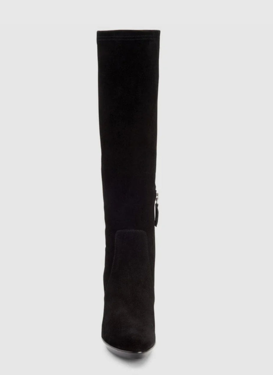 Women's Aquatalia Rhumba Black Suede Knee-High Heeled Boots-SHOES-Gazelle Fashion and Style