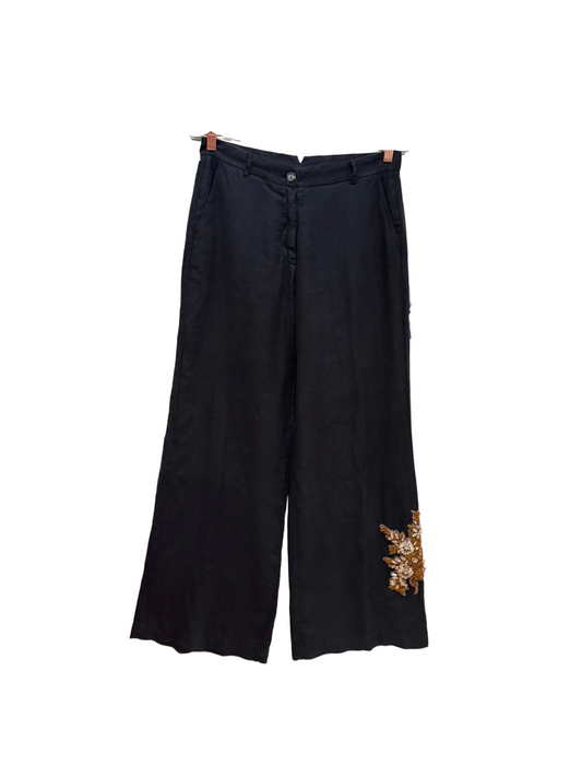 Bazar Deluxe Black Wide Leg Pants with Floral Embroidery-PANTS-Gazelle Fashion and Style