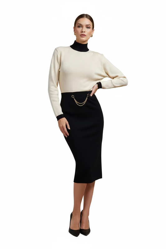 Vintage Stylish Two-Tone Sweater Dress with Chain Detail-DRESS-Beige & Black-New-Gazelle Fashion and Style
