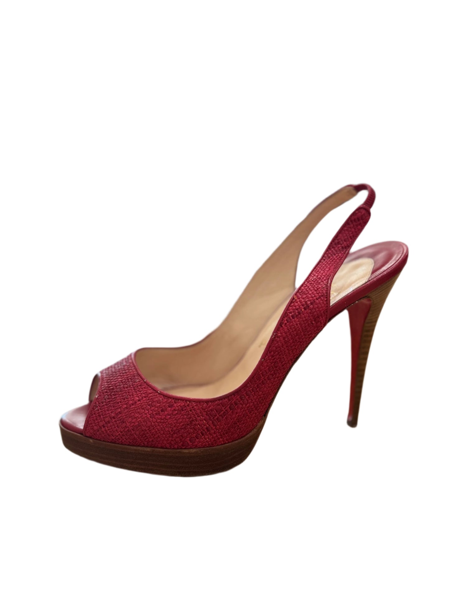 Christian Louboutin Red Woven Slingback Peep-Toe Heels