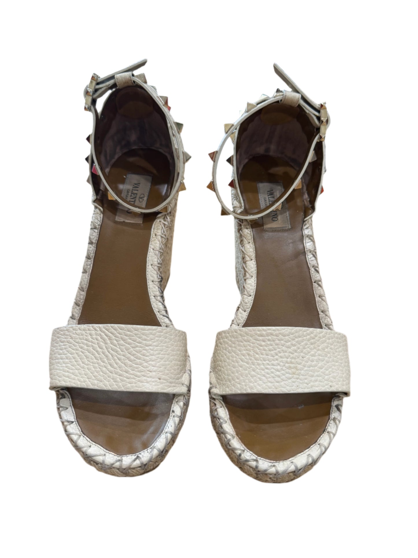 Valentino Rockstud Wedge Espadrilles – Cream Textured Leather