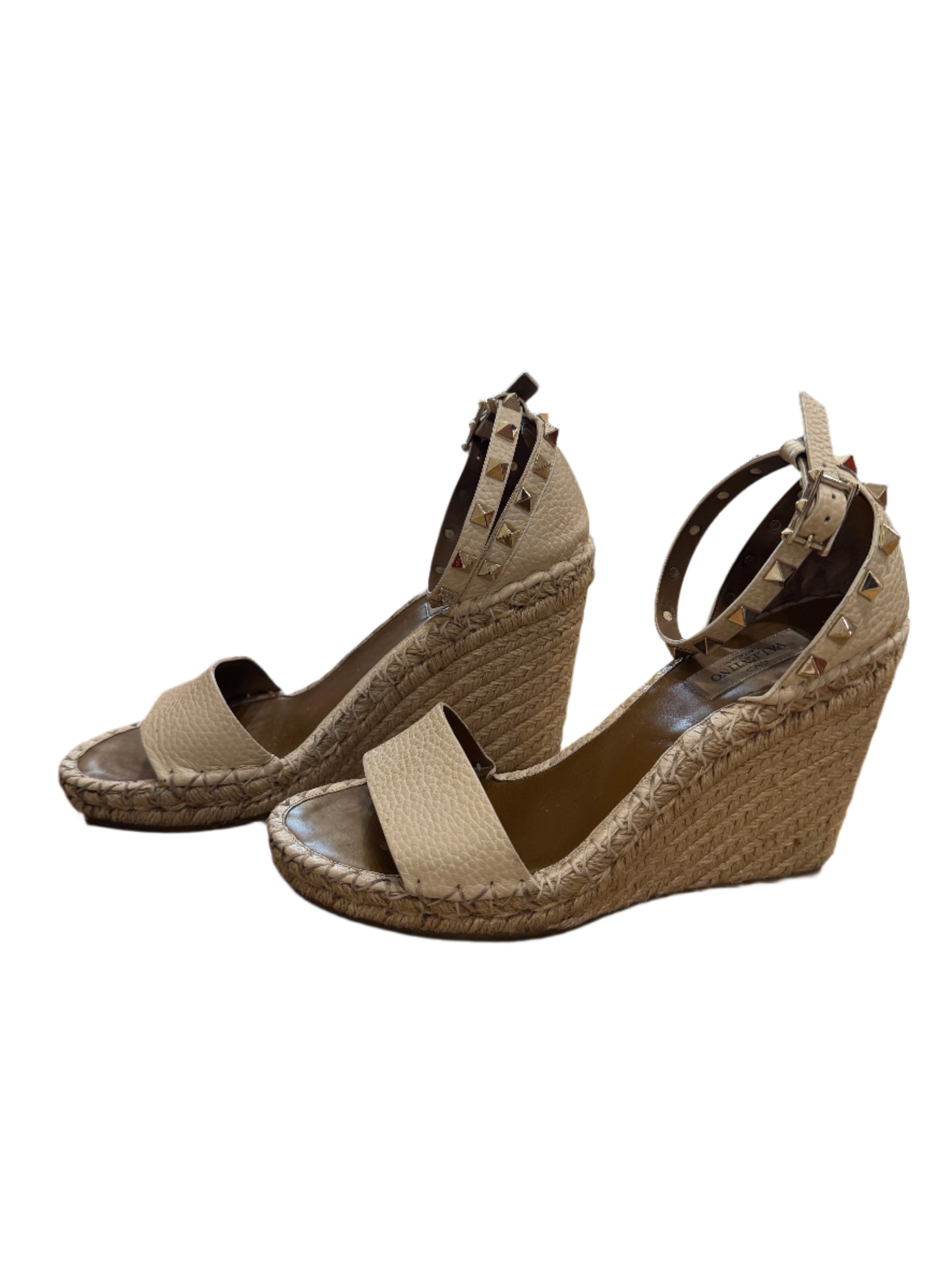 Valentino Rockstud Wedge Espadrilles – Cream Textured Leather