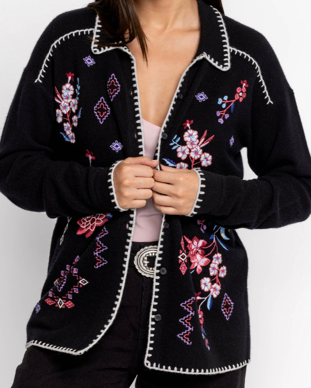 Johnny Was Ramona Blanket Black Stitch Shirtigan Size: S-Tops-Gazelle Fashion and Style
