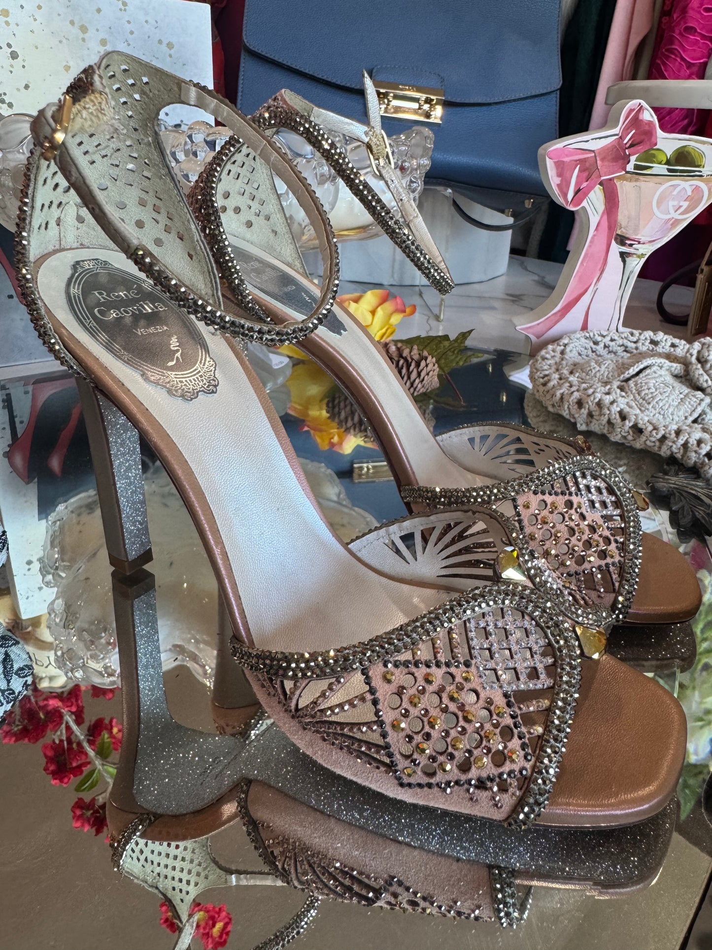 Rene Caovilla Venezia Embellished Stiletto Studded Sandal Heels- Size 38.5, US 8.5-Shoes-Gazelle Fashion and Style