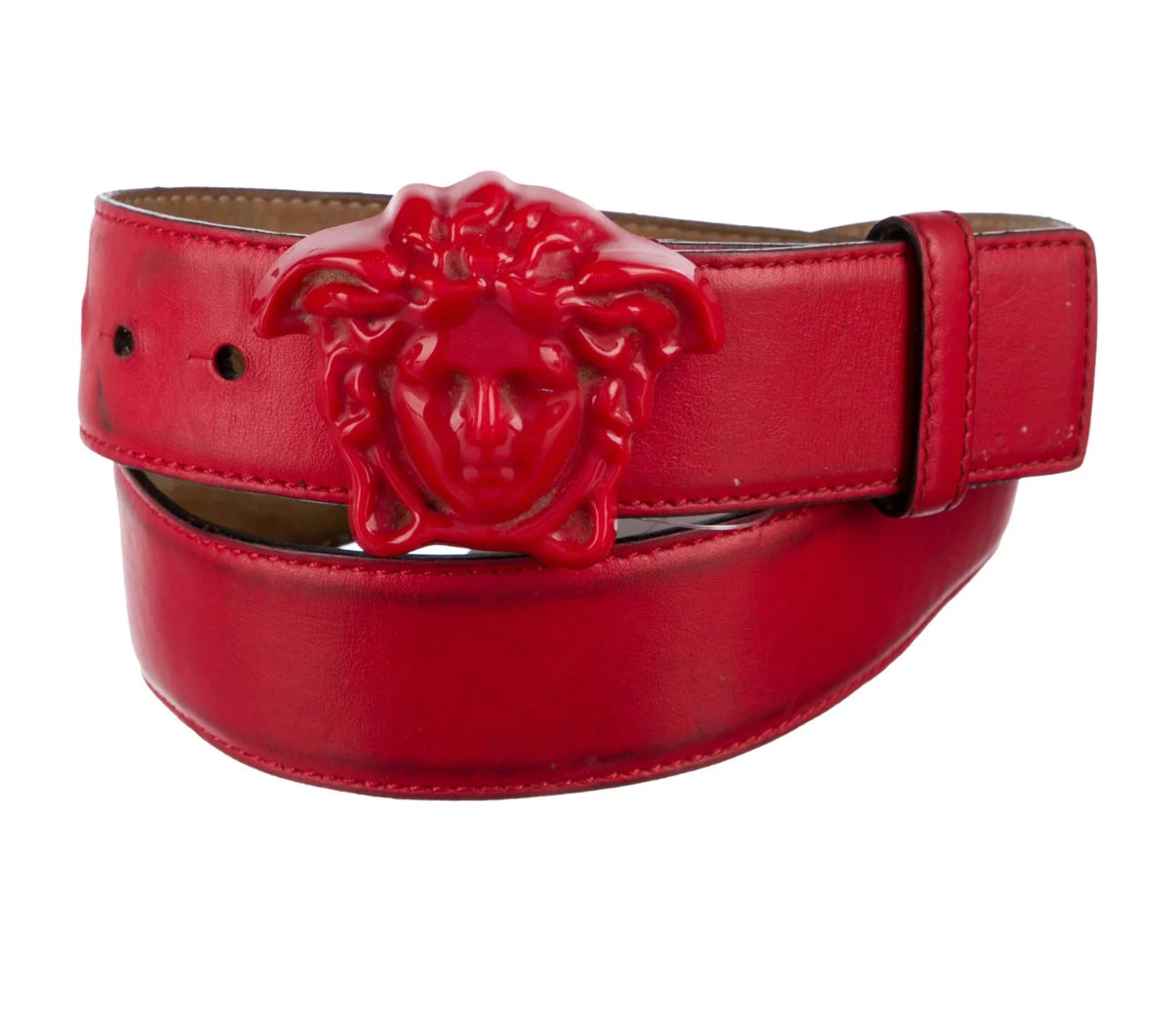 Versace Skinny Leather La Medusa Belt- Red (Size 85cm/34in)-Belts-Gazelle Fashion and Style
