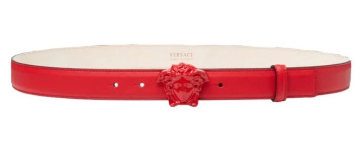 Versace Skinny Leather La Medusa Belt- Red (Size 85cm/34in)-Belts-Gazelle Fashion and Style