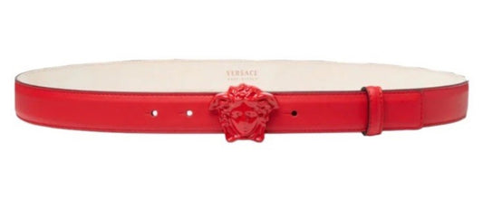 Versace Skinny Leather La Medusa Belt- Red (Size 85cm/34in) $245-Belts-Gazelle Fashion and Style