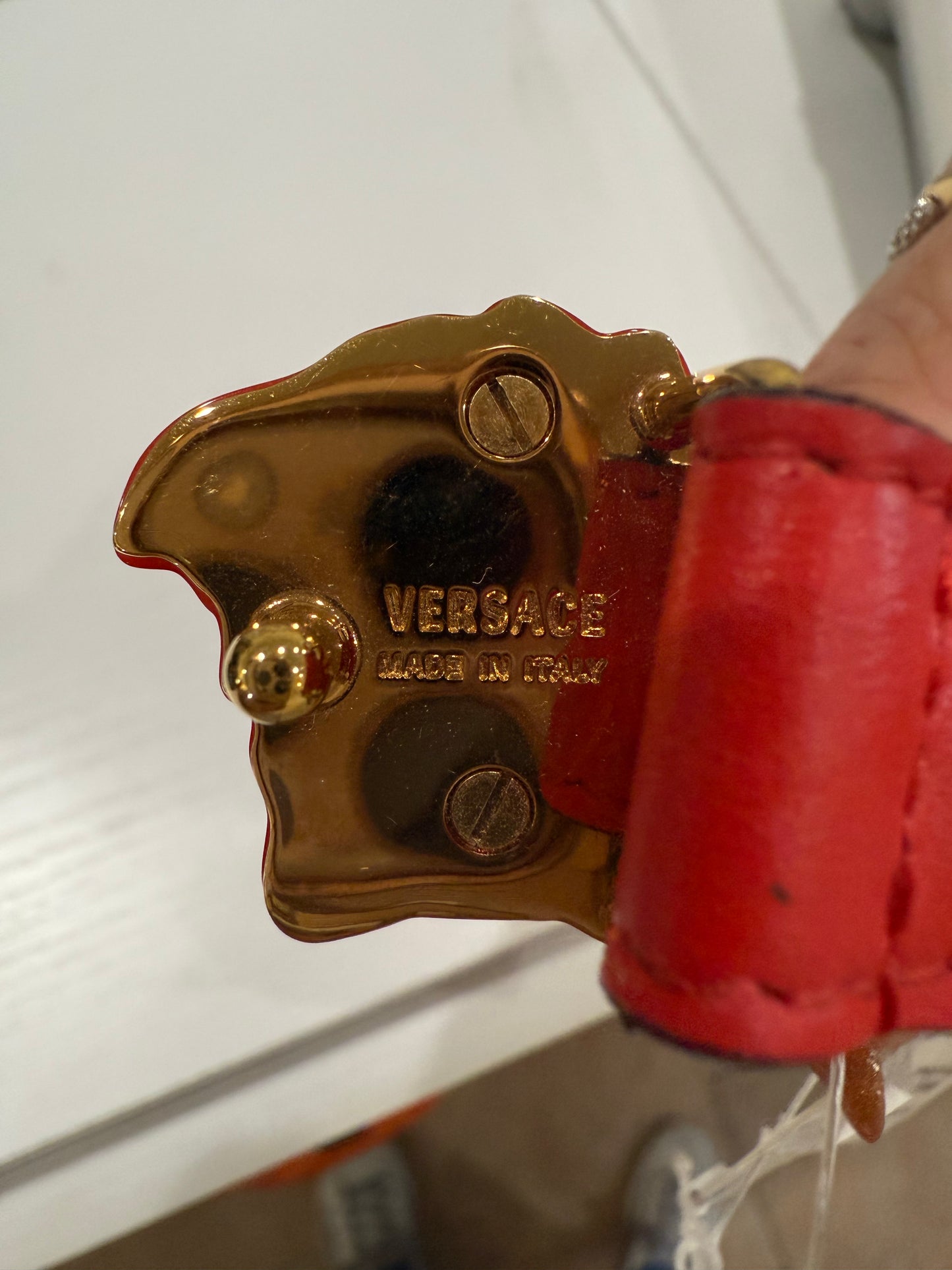 Versace Skinny Leather La Medusa Belt- Red (Size 85cm/34in)-Belts-Gazelle Fashion and Style