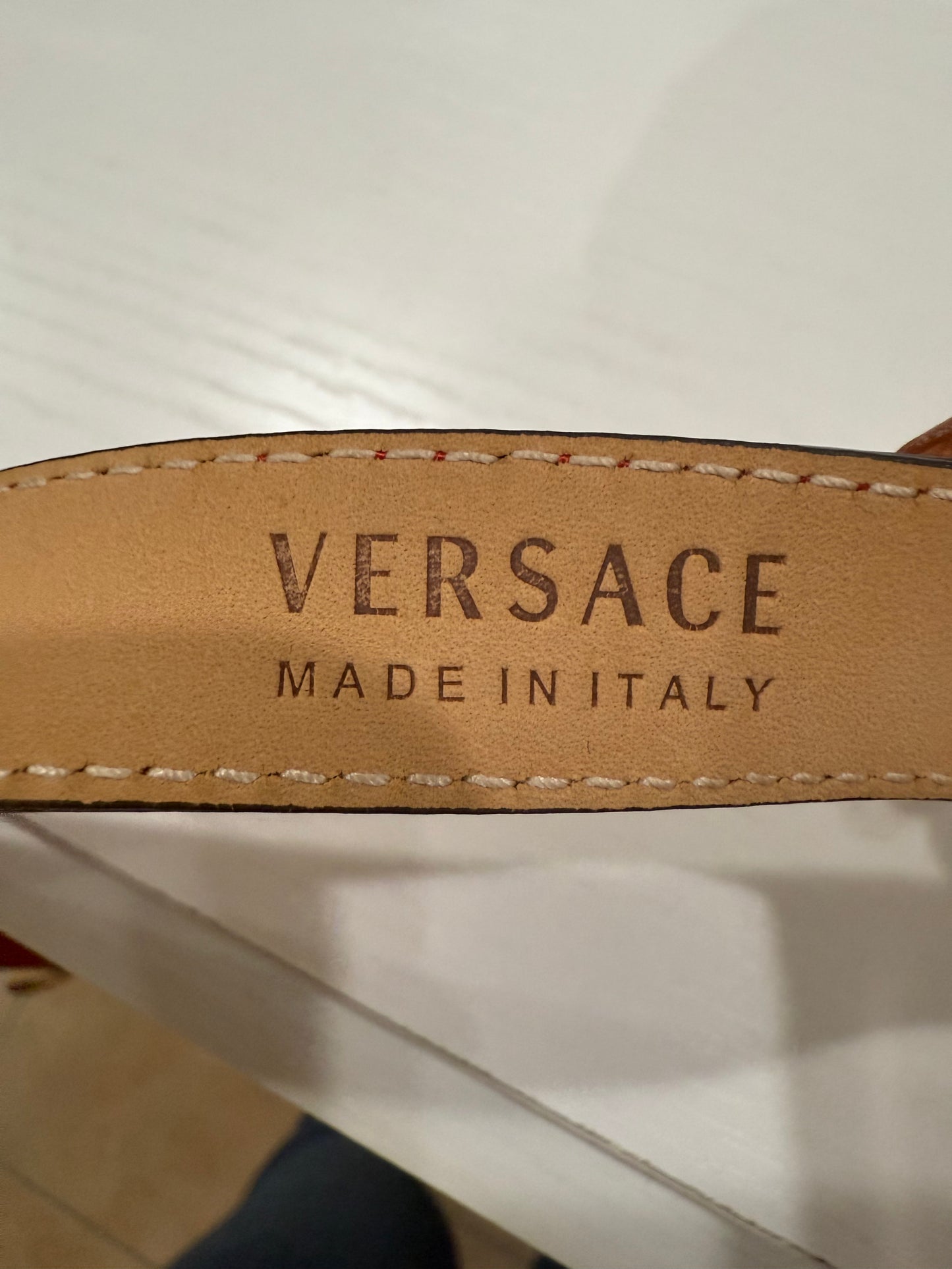 Versace Skinny Leather La Medusa Belt- Red (Size 85cm/34in)-Belts-Gazelle Fashion and Style