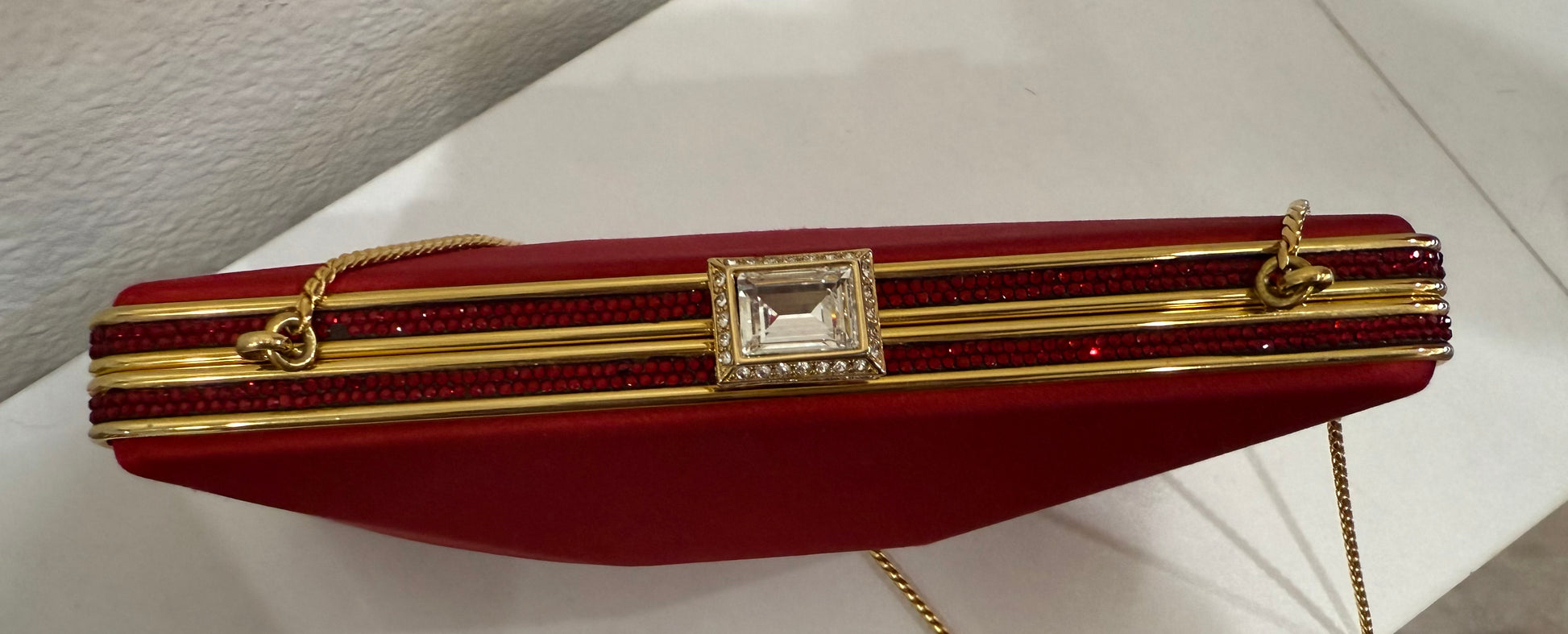 Judith Leiber Couture Red Slim Slide Clutch $155-Bags-Gazelle Fashion and Style