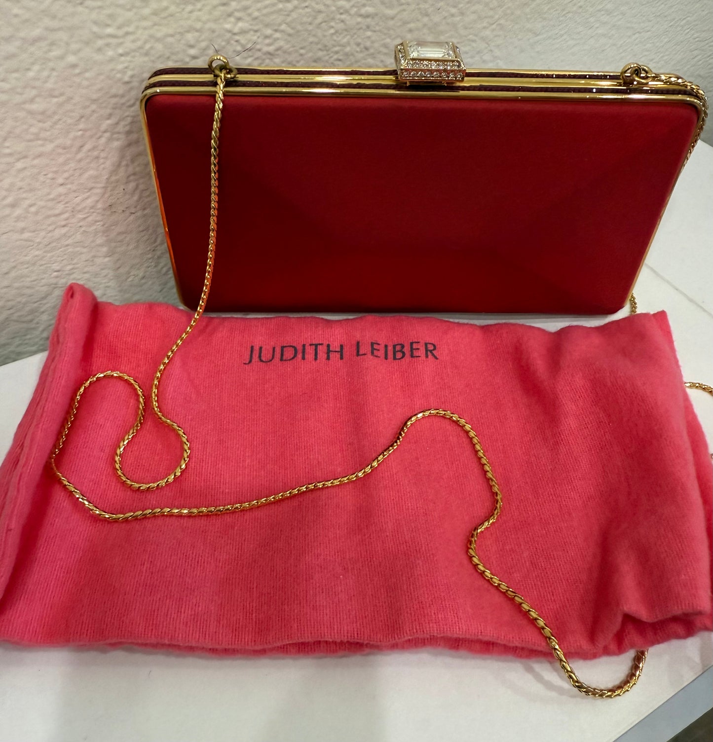 Judith Leiber Couture Red Slim Slide Clutch $155-Bags-Gazelle Fashion and Style