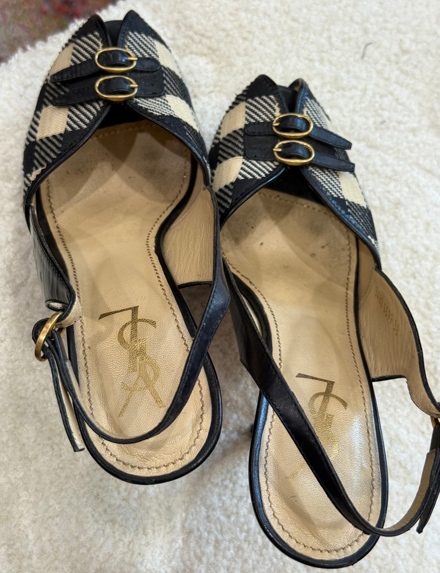 YSL Rive Gauche Plaid Leather Slingback Heel -Size 38. US 7 $285-Shoes-Gazelle Fashion and Style