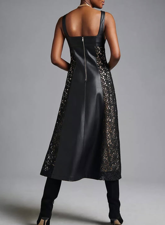 By Anthropologie Faux Leather Lace Dress- NWT Size 10P-Dresses-Gazelle Fashion and Style