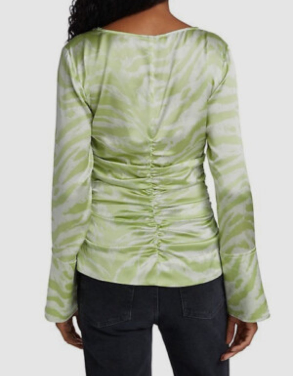 GANNI Silk Long Sleeve Green Zebra Print Ruched Top- Size: 38 US 2, $125