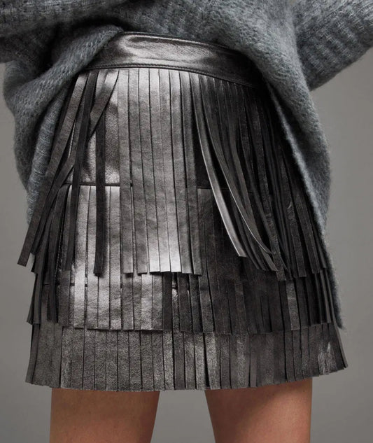 All Saints Aisha Tassel Fringed Leather Mini Skirt- Size: 6 , $145