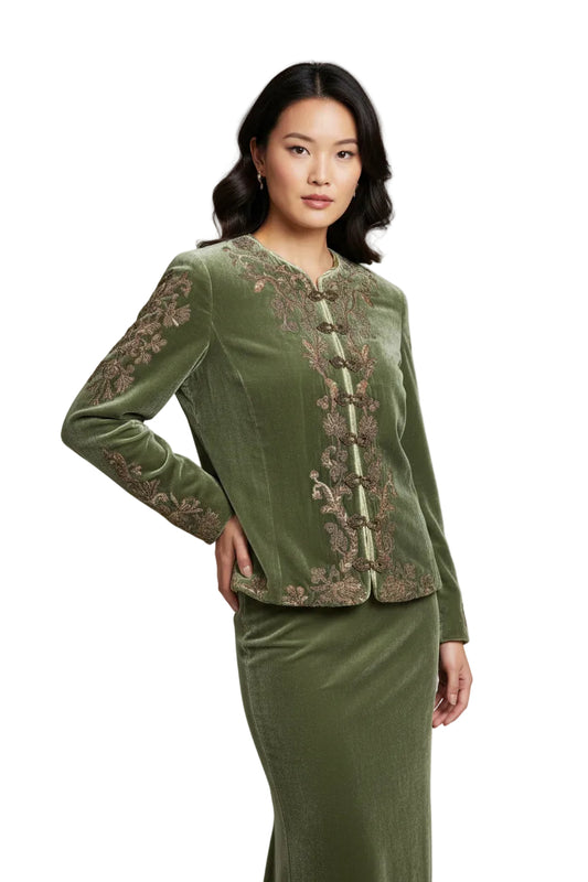 Embroidered Green Velvet Jacket-JACKETS-xs/s-green--Gazelle Fashion and Style