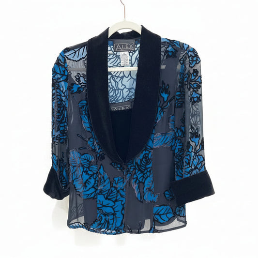 Alex Evenings Floral Sheer Blouse with Velvet Collar-TOPS-medium-black, blue-Used-Gazelle Fashion and Style