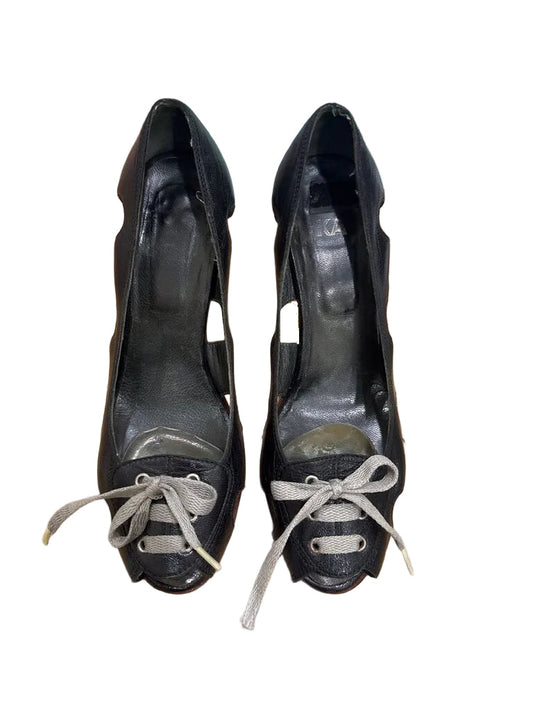 Black High Heel Peep Toe Shoes With Laces-SHOES-9-Black-Used-Gazelle Fashion and Style