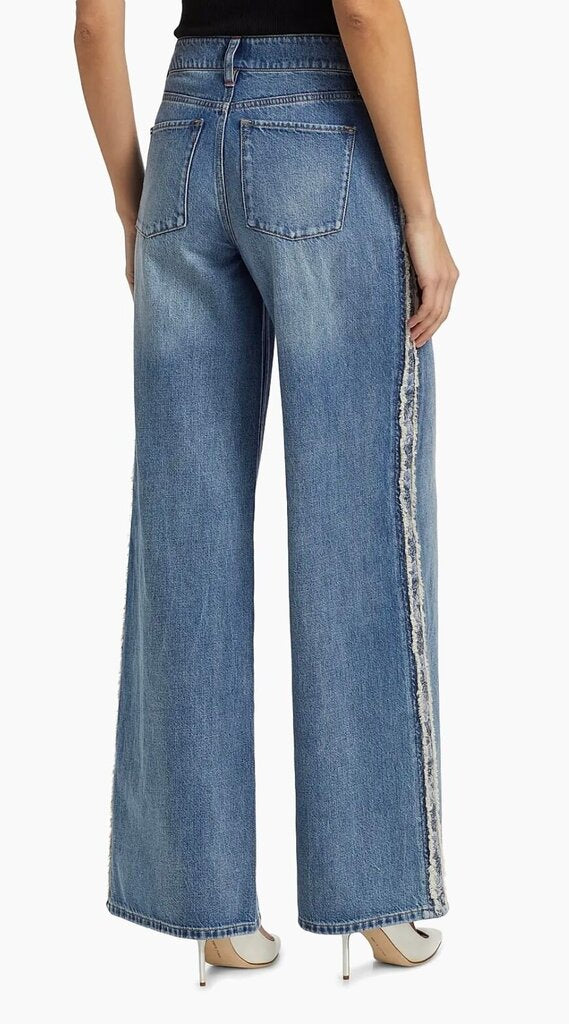 Alice + Olivia Mid Rise Baggy Jean With Fringe Detail-PANTS-Gazelle Fashion and Style