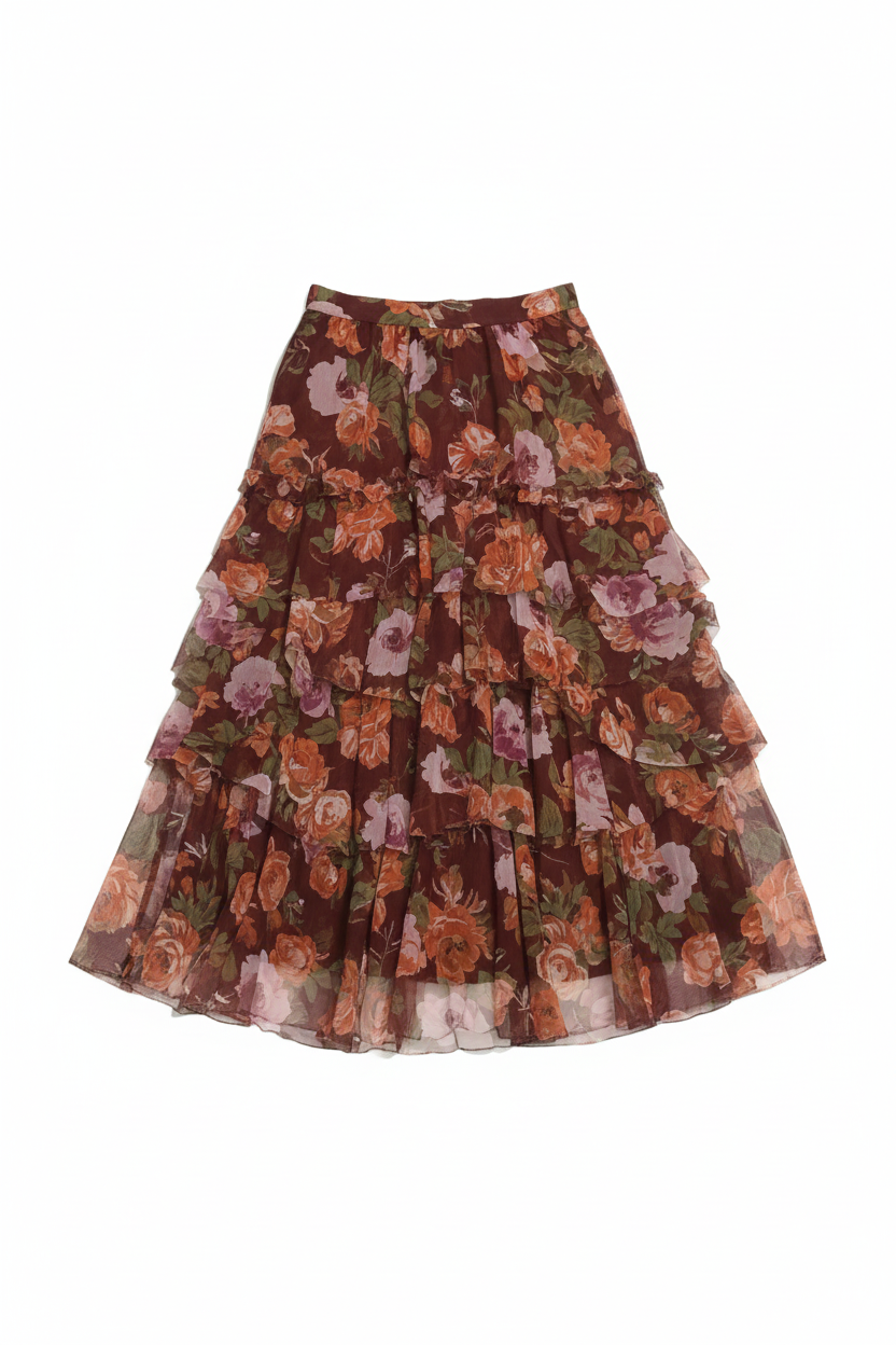 Anthropologie Floral Tulle Ruffled Midi Skirt-SKIRT-Gazelle Fashion and Style