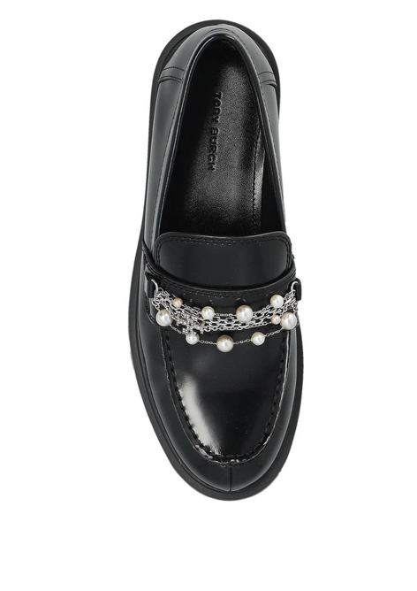 Tory Burch Black Pearl-Embellished Loafers-SHOES-8-black-Used-Gazelle Fashion and Style
