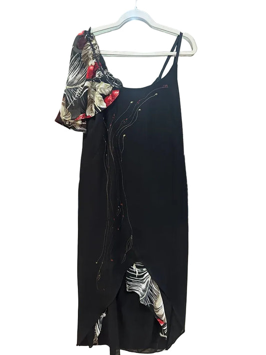 Custom-Made Black Dress with Floral Sleeve-DRESS-black-Used-Gazelle Fashion and Style