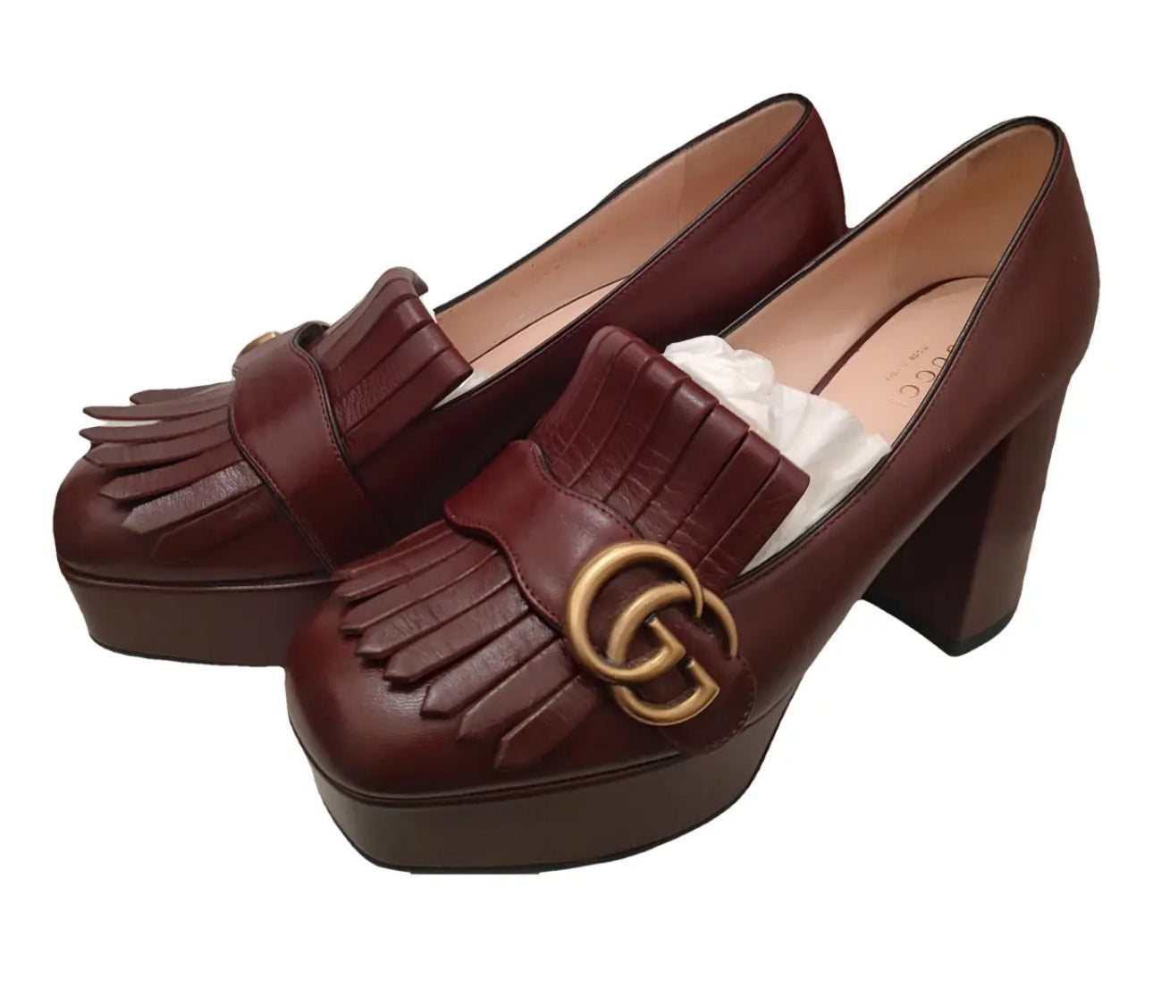 Gucci GG Marmont Fringe Burgundy Platform Pumps-SHOES-Gazelle Fashion and Style