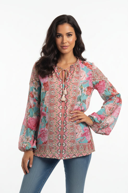 Johnny Was Rose Narcisa Silk Blouse-TOPS-Gazelle Fashion and Style