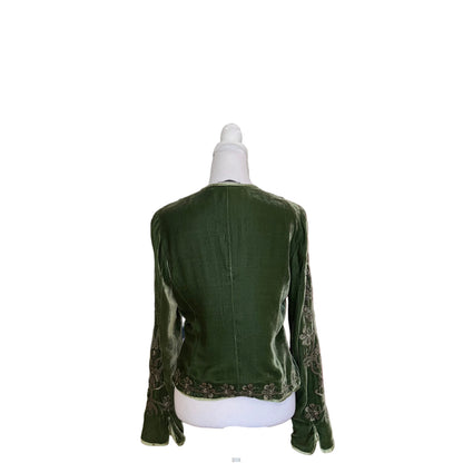 Embroidered Green Velvet Jacket-JACKETS-xs/s-green--Gazelle Fashion and Style