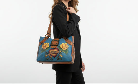 Anuschka Hand-Painted Blue Shoulder Bag-HANDBAGS-Gazelle Fashion and Style