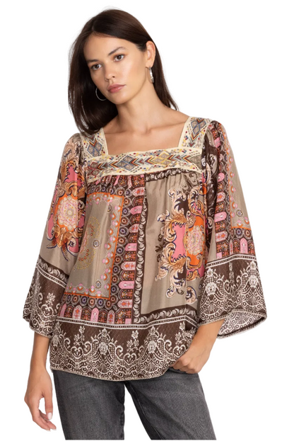 Johnny Was 100% Silk Square Neckline Blouse- Gazelle Fashion and Style 