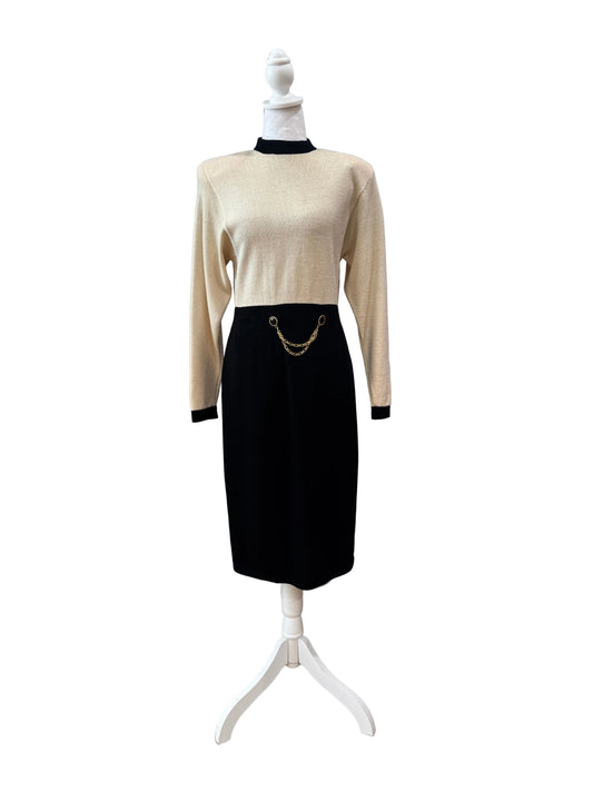 Vintage Stylish Two-Tone Sweater Dress with Chain Detail-DRESS-Gazelle Fashion and Style