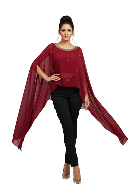Karmic Sheer Sleeve Crystal Embellishment Red Cape Top-TOPS-Gazelle Fashion and Style