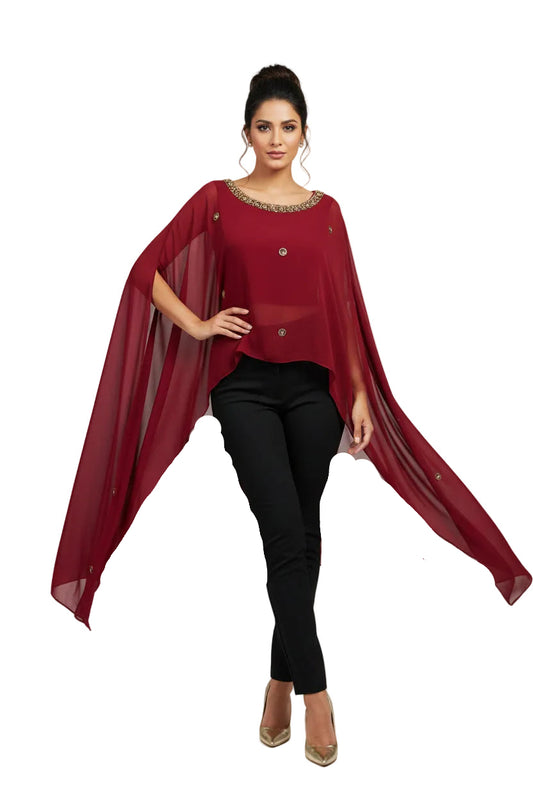 Karmic Sheer Sleeve Crystal Embellishment Red Cape Top-Gazelle Fashion and Style