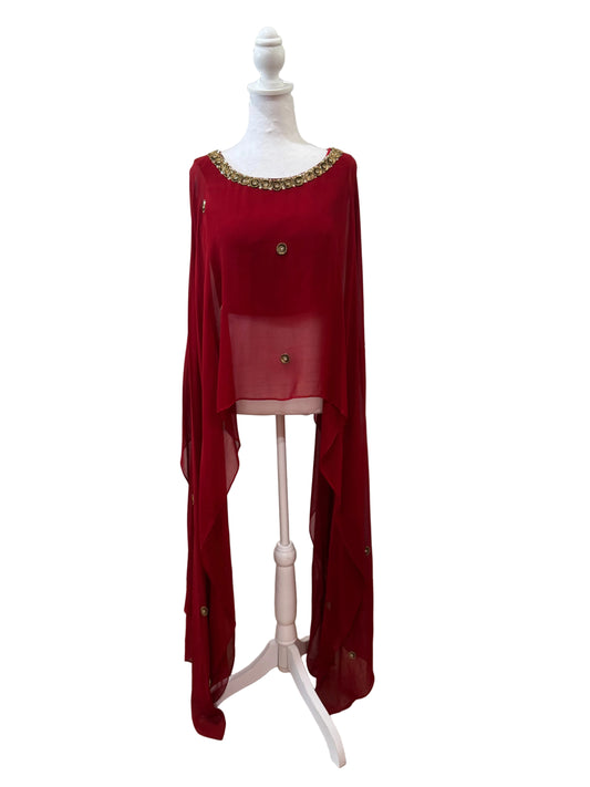 Karmic Sheer Sleeve Crystal Embellishment Red Cape Top-Gazelle Fashion and Style