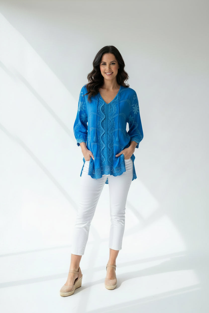 Johnny Was Blue Embroidered Tunic Top-TOPS-Gazelle Fashion and Style