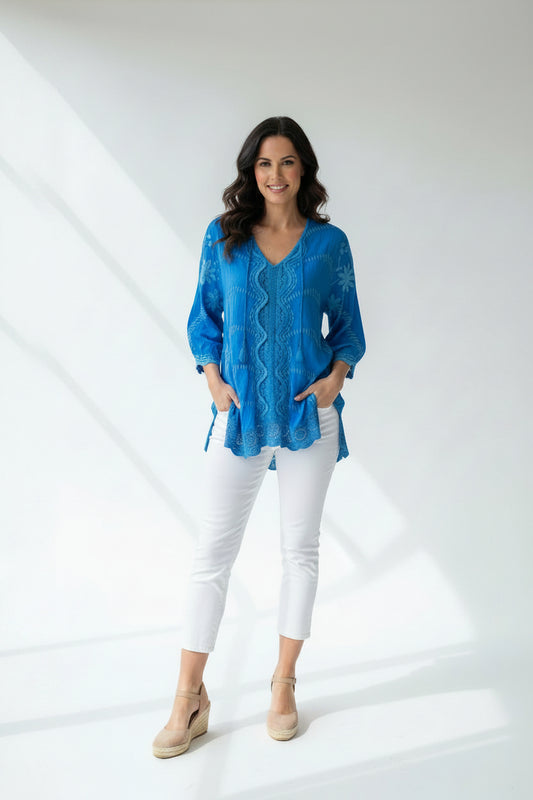 Johnny Was Blue Embroidered Tunic Top-TOPS-Gazelle Fashion and Style