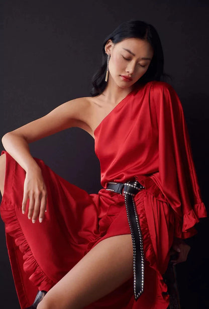 Anthropologie Hutch One-Shoulder Ruffled Dress-DRESS-Gazelle Fashion and Style