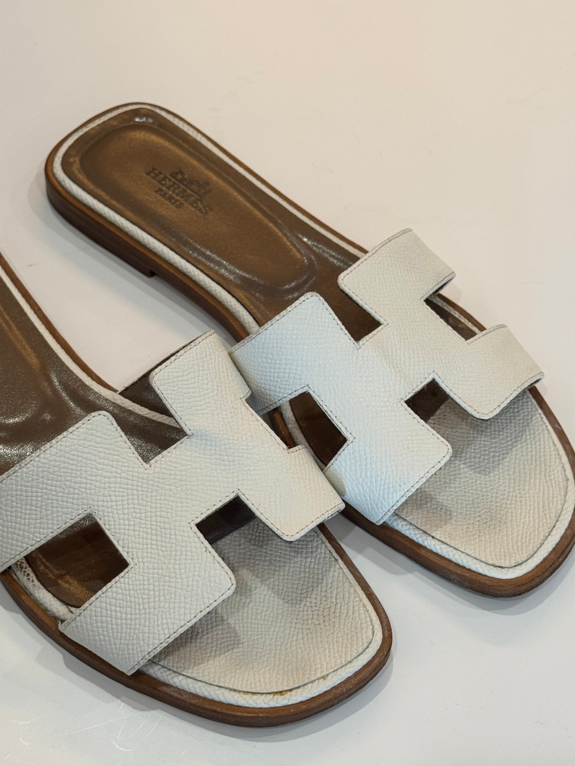 Classic Hermes Oran Calfskin Leather-SANDAL-38-White-New-Gazelle Fashion and Style