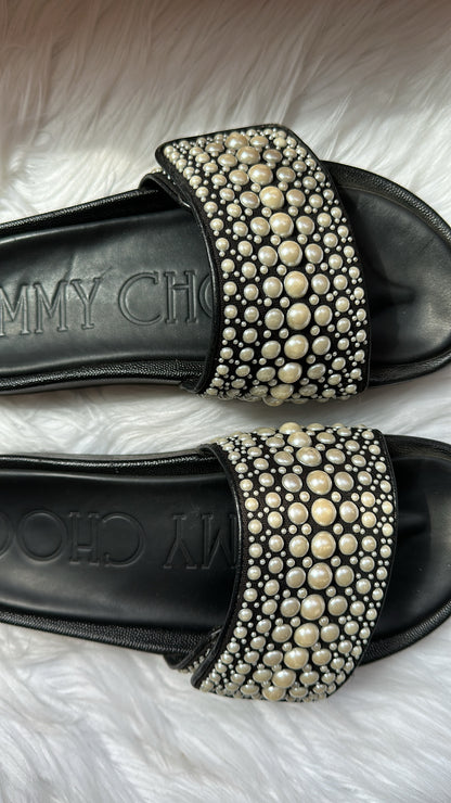 JIMMY CHOO Faux Pearl Accents Leather Slides