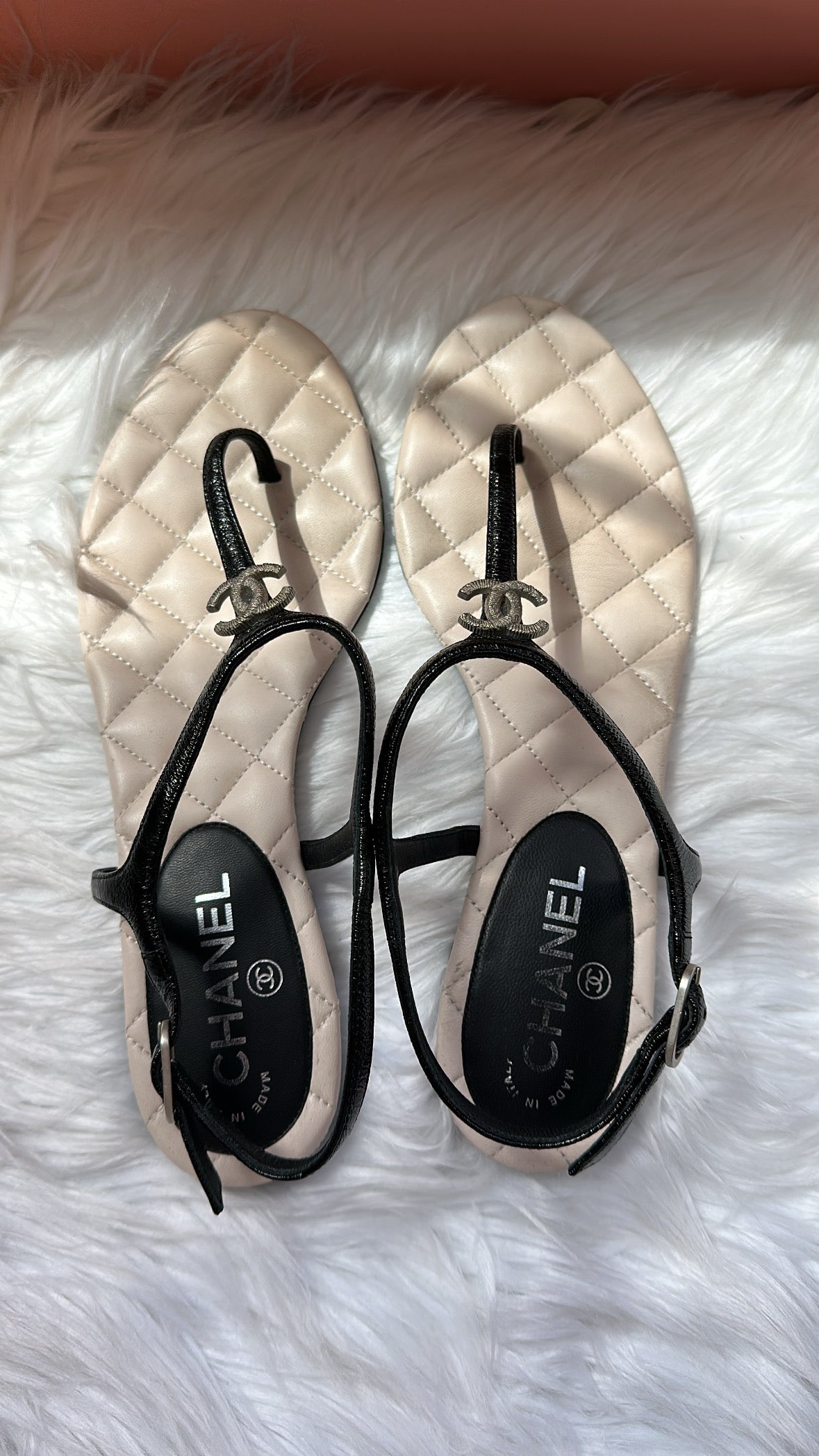 CHANEL 2014 Interlocking CC Logo T-Strap Sandals