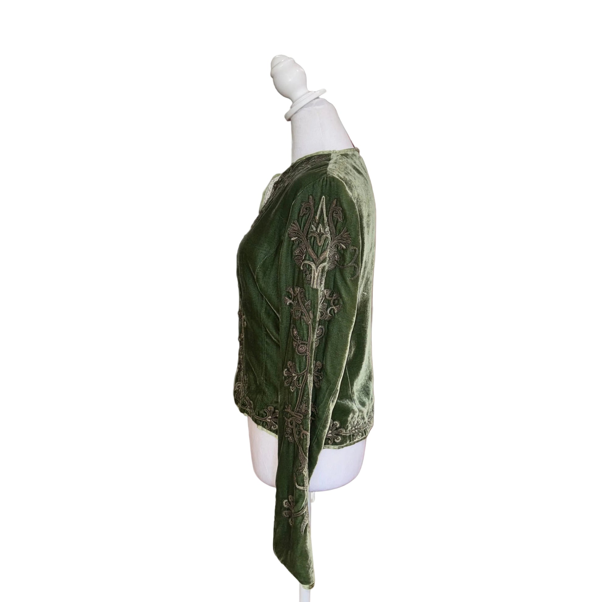 Embroidered Green Velvet Jacket-JACKETS-xs/s-green--Gazelle Fashion and Style