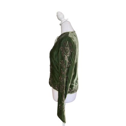 Embroidered Green Velvet Jacket-JACKETS-xs/s-green--Gazelle Fashion and Style